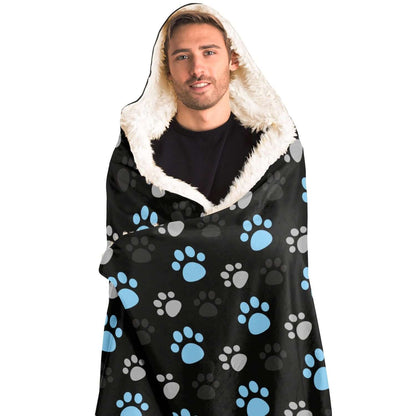 Paw Prints Blue + Grey Hooded Blanket